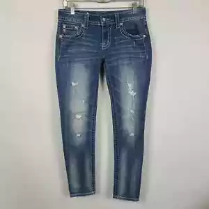 Pantalones de mezclilla para mujer Miss Me azules ajustados al tobillo Distress lavado medio talla 27 - Imagen 1 de 8