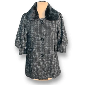 Anthropologie Hazel Black Tweed Coat Removable Faux Fur Collar Retro Size Small - Picture 1 of 13