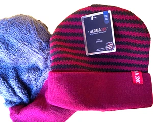 Wintermütze Unisex Thermo Fleece gefüttert warm Strick Cranberry Streifen - Bild 1 von 4