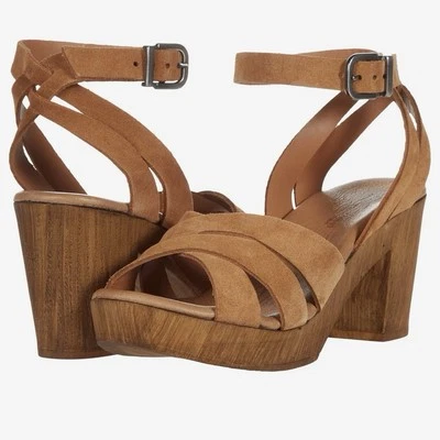 Eric Michael Luna Sandals Tan Strappy Suede Sz 40 US 8 Portugal Block Heels $144 - Image 1 of 4