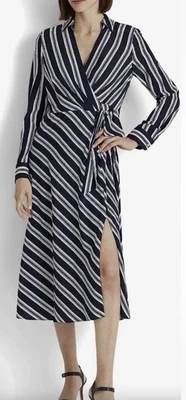 Lauren Ralph Lauren Blue Stripe Midi Shirt Dress Faux Wrap Tie Front Size 12  - Image 1 of 4