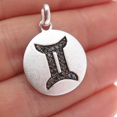 Colgante de plata de ley 925 real corte redondo diamante negro géminis zodiaco Foto 1 de 4