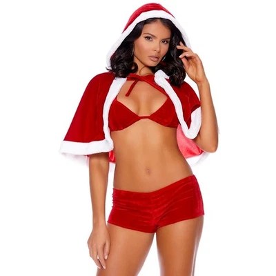 Conjunto de fantasia de Papai Noel veludo com capuz capa crop top booty shorts 99117 pequeno - Imagem 1 de 4