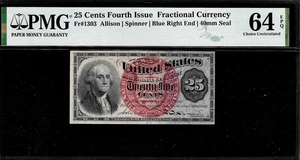 Fr. 1303 Fractional 25 Cents Fourth Issue w/ Blue Right End 40mm Seal PMG 64EPQ - Picture 1 of 2