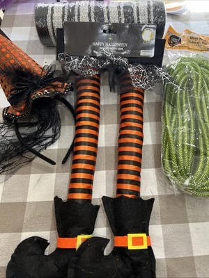 LOT OF 4 HALLOWEEN 🎃 WITCH Craft SUPPLIES Deco Mesh WITCH LEGS Black Tubing HAT - Image 1 of 4