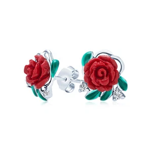 Romantic Floral Blooming Flower CZ Stud Earrings with Green Leaf and Red Rose - Picture 1 of 4