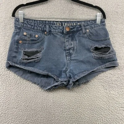 Pantalones cortos de mezclilla de algodón para mujer azul deshilachado tiro medio con bolsillo cremallera talla 6 Foto 1 de 4