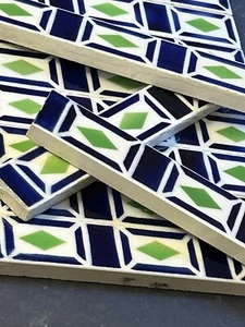 Vintage Late 20's-Early 30s Large German Liner Tiles Dark Blue & Green On White - Picture 1 of 7