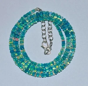 16"Natural Ethiopian Blue Faceted Opal Gemstone Beads Necklace 925 Silver F0140 - Bild 1 von 5