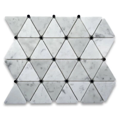 C851XH Carrara Venato Marble Triangle Mosaic Tile Black Round Dots Honed - Image 1 of 4