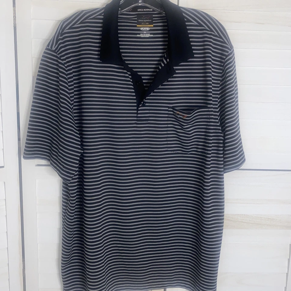 Polo Greg Norman a Rayas Para Hombres XL Negro Rayas Golf Rendimiento Poliéster Dri Fit Foto 1 de 4