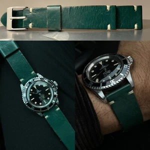 20 mm veg tanned genuine British Green leather watch strap for vintage watches - Imagen 1 de 7