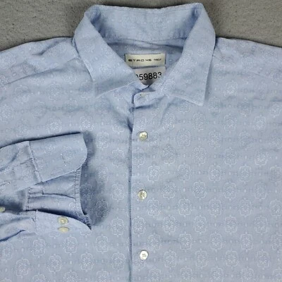 ETRO Shirt Mens Size 45 Blue Geometric Made In Italy Button Up Long Sleeve * - Image 1 of 4
