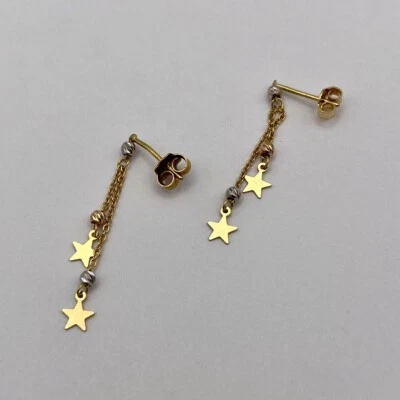 18K 750 Yellow & White Two-tone Gold Double Star Drop Earrings Fine Jewelry - Image 1 of 4