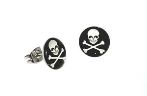 10mm Stainless Steel Pirate Skull & Cross Bone Round Stud Earrings Mens New  - Picture 1 of 1