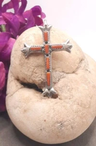 Zuni Signed George & Lupeta Leekity Sterling Silver Coral Cross Pendant - Picture 1 of 3