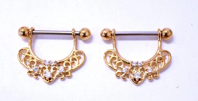 Escudos para Pezones-PAR-Filigrana Corazón con Gema Transparente Calibre 14 1/2" Oro IP Barbell  Foto 1 de 3