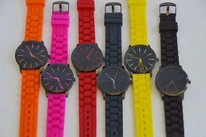 NEW-GENEVA SILICONE,BLACK DIAL AND CASE IP ORANGE,HOT PINK,RED,YELLOW,ETC WATCH - Picture 1 of 1