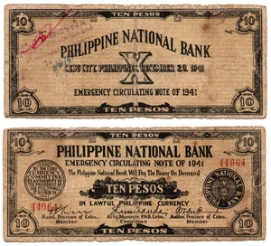 1941 Philippine S217 Province of Cebu PNB 10 Peso C/S JARO, Leyte by Reyna 1942 - Picture 1 of 5
