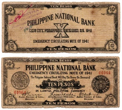 1941 Philippine S217 Province of Cebu PNB 10 Peso C/S JARO, Leyte by Reyna 1942 - Image 1 of 4