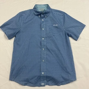 Huk Performance Fishing Shirt Mens Small Blue All Over Fish Print Plaid - Picture 1 of 8