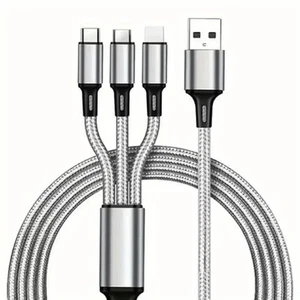 3 In 1 Charging Cable, Compatible with iOS, Type C, And Micro USB SILVER braided - Picture 1 of 13