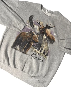 Vintage Y2K Alaska Outdoor Nature Print Crewneck Large Moose Wolf Bear Eagle - Picture 1 of 8
