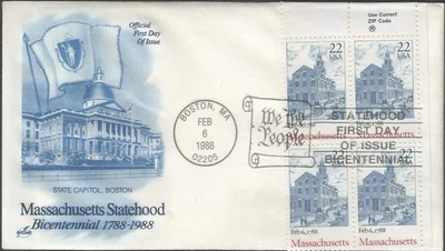Scott 2341 FDC with block of 4 - 22 cent - 1988 - Massachusetts Statehood - FDOI - Image 1 of 2