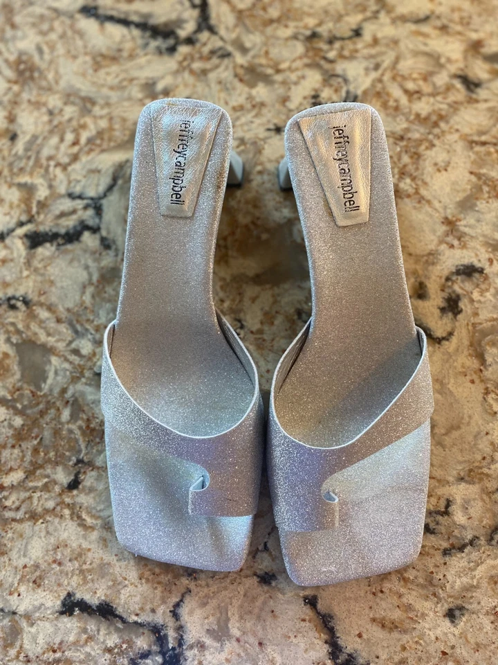 Sandalia Jeffrey Campbell Teclado-2 Plateada Brillo Puntera Cuadrada Slides Talla 10 Foto 1 de 4