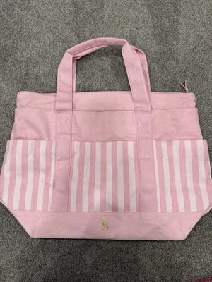 Victoria’s Secret Large Pink And White Striped Pocket Tote Bag - Image 1 of 4