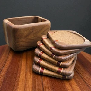 6 Vtg Handmade David Levy Inlaid Wood & Cork Coaster Set W/ Holder MCM Signed - Picture 1 of 24