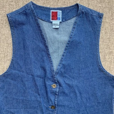 NUEVO SIN ETIQUETAS DE COLECCIÓN Cinturón Sol Denim Chaleco Para Mujer Talla L Azul Jean Botón Delantero Sin Mangas Años 90 Foto 1 de 4