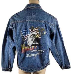 NOS- Vtg Harley Davidson BORN IN THE USA Eagle Flag Denim Jean Jacket Mens Large - Picture 1 of 8