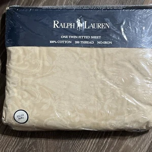 Ralph Lauren Avery Cafe Beige Paisley Twin Fitted Sheet 100% Cotton New - Picture 1 of 7