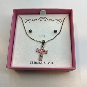 Cute Earring & Necklace Set, Bronze Studs, Pink Cross Necklace, NWT!! - Picture 1 of 5