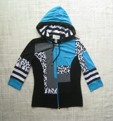 Joseph Ribkoff Hooded Tshirt Top Sz 8 Animal Colorful 3/4 Sleeve Stretch FullZip Foto 1 de 4