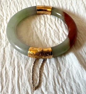 Brazalete Brazalete Vintage Grabado Oro Amarillo 14k y Jade con Bisagras - Imagen 1 de 16