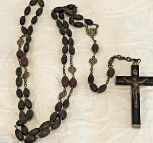 Antike Rosenkranz Perlen mit 2,75" Kruzifix Ebenholz & Braun Große Perlen Messing Jesus 31" - Bild 1 von 18