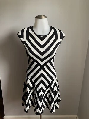 Vestido para mujer RVN negro/blanco gráfico a rayas jacquard calce y acampanado cuello redondo S Foto 1 de 4