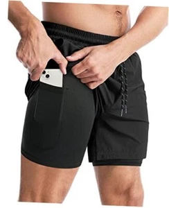Men’s 2 in 1 Running Shorts, Workout Gym Athletic Shorts for Men Medium Black - Picture 1 of 7