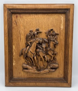 Hand Carved Solid Wood Cowboys and Horses Relief 10 1/2" x 12 3/4" Carving - Picture 1 of 11