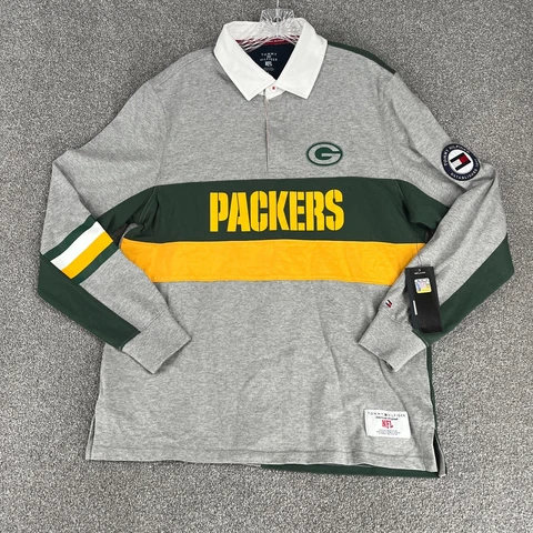 Green Bay Packers Shirt Adult Large Gray Green Rugby Polo Tommy Hilfiger Mens Cover