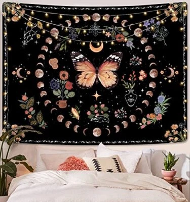  Orange Butterfly Moon Flower Tapestry Boho Floral Plant Tapestries for  Foto 1 de 4