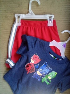 Boys outfit, Size 12 Months - Navy Blue PJ Masks top and red shorts New - Picture 1 of 4