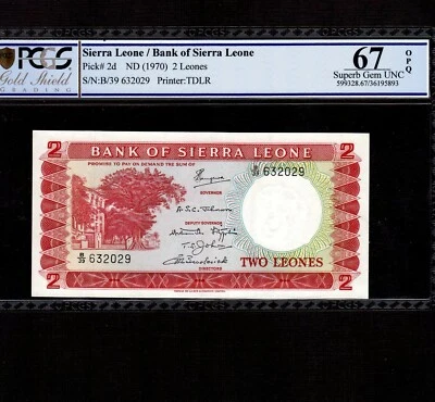 Sierra Leone 2 Leones 1970 P-2d * PCGS Superb Gem Unc 67 OPQ * First Issue * - Image 1 of 2
