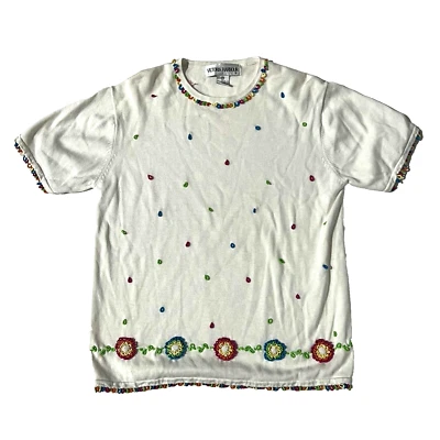Victoria Harbour Women Floral Embroidered White Short Sleeved Sweater Medium - Image 1 of 4