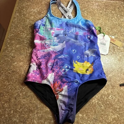 Traje de baño para niñas Minecraft Justice talla S 7/8 con tiburón, pez dorado y ajolotl  Foto 1 de 4
