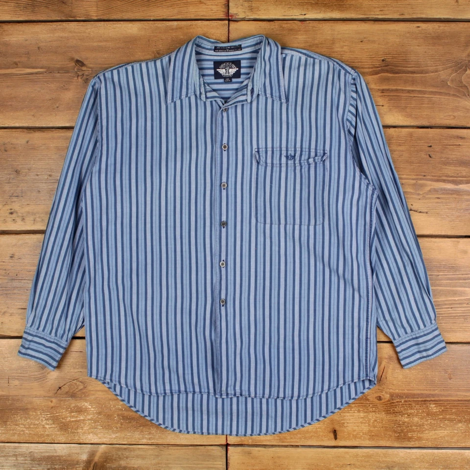 Camisa informal vintage Dockers botón L rayas para hombre manga larga azul a rayas Foto 1 de 4