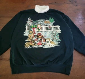 Vintage Weihnachten Kätzchen Katze Sweatshirt Damen XL Rollkragen Rundhals Pullover - Bild 1 von 5