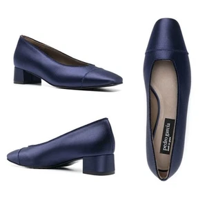Pedro Garcia Eladia NEW 36 EU Navy Silk Satin Low Block Heel Slip On Pump $550 - Picture 1 of 15